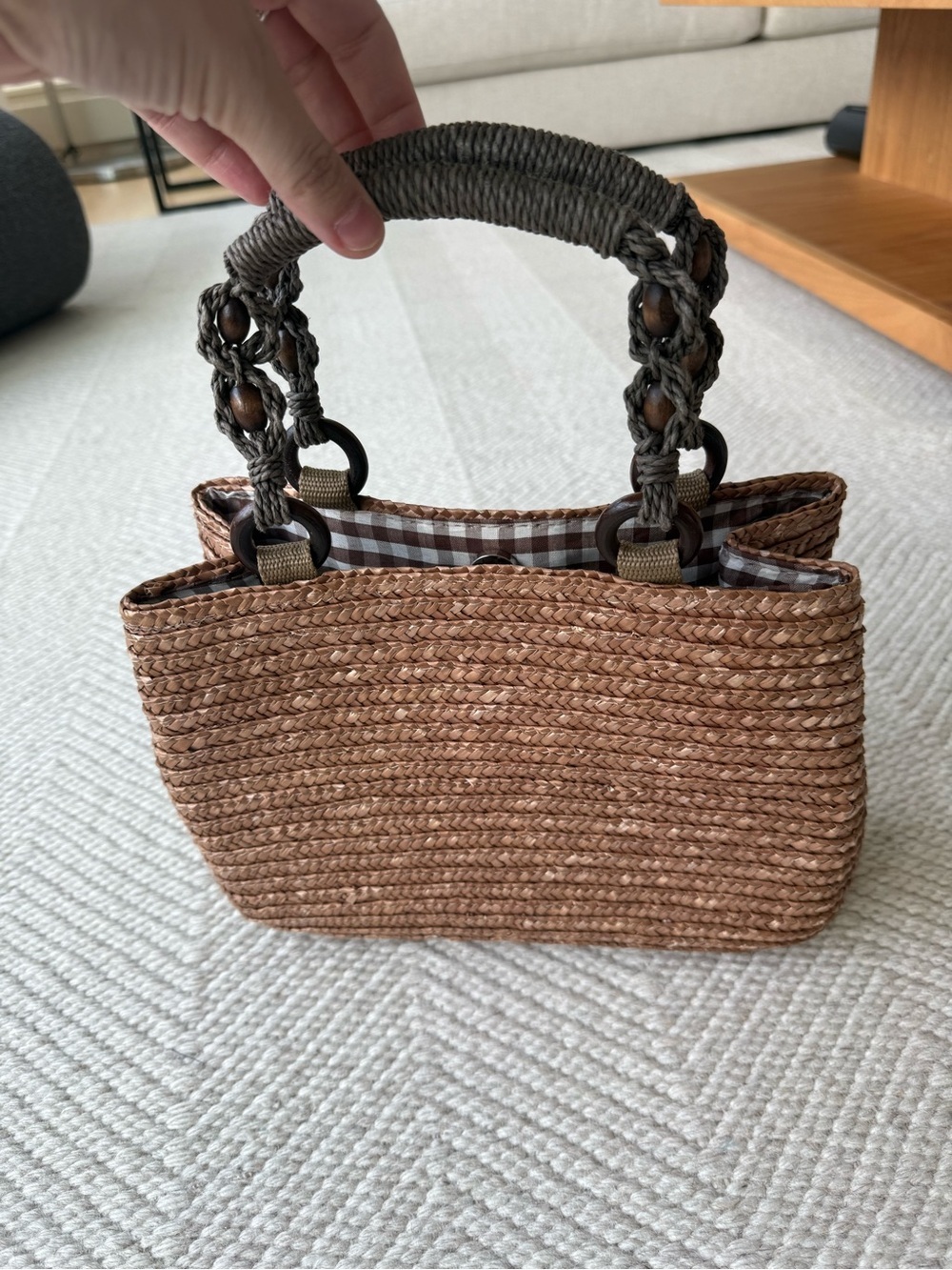 Vintage Croft and Barrow Brown Gingham Straw Tote Bag with Braided Handle